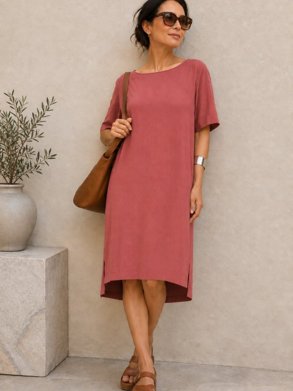 Eileen Fisher Petite L Tencel Jersey Shift Dress Dusty Rose